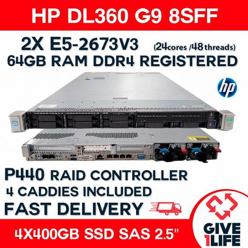 HP DL360 G9 2xE5-2673v3 (24cores/48vCores) +64GB DDR4 +4x 400GB SSD SAS+4 Caddy ENVÍO RÁPIDO, FACTURA DISPONIBLE, CAJA REFORZADA. VENDEDOR PROFESIONAL