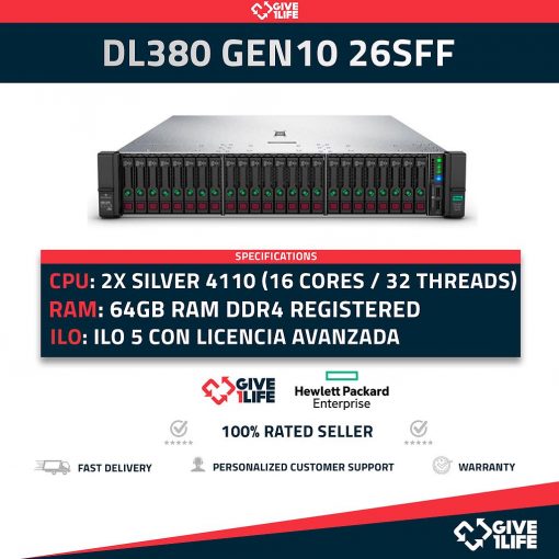 HP Proliant DL380 Gen10 26SFF (24 Bahías Delanteras y 2 Traseras) 2x Silver 4110 16 Núcleos 32 Hilos 64GB RAM P408i 2 PSU
ENVIO RAPIDO, FACTURA, VENDEDOR PROFESIONAL
