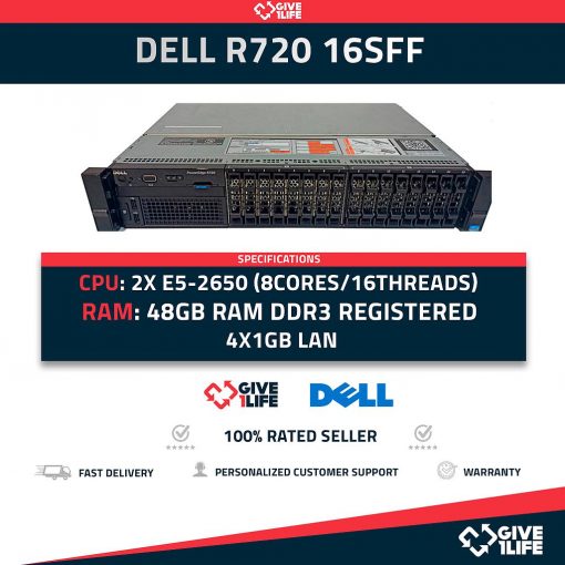 DELL R720V4 16SFF 2X E5-2650(16CORES/32THREADS) + 48GB RAM DDR3 + PERC H710P + IDRAC7 ENTERPRISE + 2PSU
ENVIO RAPIDO, FACTURA, PROFESSIONAL SELLER