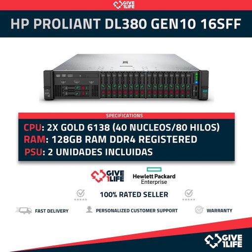 HP Proliant DL380 Gen10 16SFF (8X NVME) 2x Gold 6138 (40 Núcleos 80 Hilos) 128GB RAM S100i 2 PSU
ENVIO RAPIDO, FACTURA, VENDEDOR PROFESIONAL