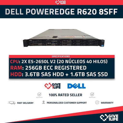 DELL PowerEdge R620 2x Xeon 2650L V2 20 Núcleos 40 Hilos 256GB RAM 3.6TB HDD + 1.6TB SSD 4x1GB LAN ENVIO RAPIDO, FACTURA, VENDEDOR PROFESIONAL