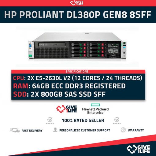 HP Proliant DL380P Gen8 8SFF 2x E5-2630L V2 12 Núcleos 24 Hilos 64GB RAM 1.6TB SSD 2 Caddy 2 PSU ENVIO RAPIDO, FACTURA, VENDEDOR PROFESIONAL