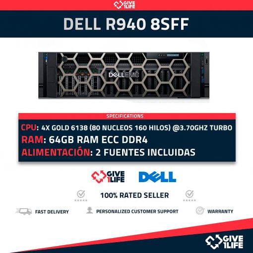 Dell PowerEdge R940 8SFF 4x Gold 6138 80 Núcleos 160 Hilos 64GB RAM PERC H730P 2 PSU
ENVIO RAPIDO, FACTURA, VENDEDOR PROFESIONAL