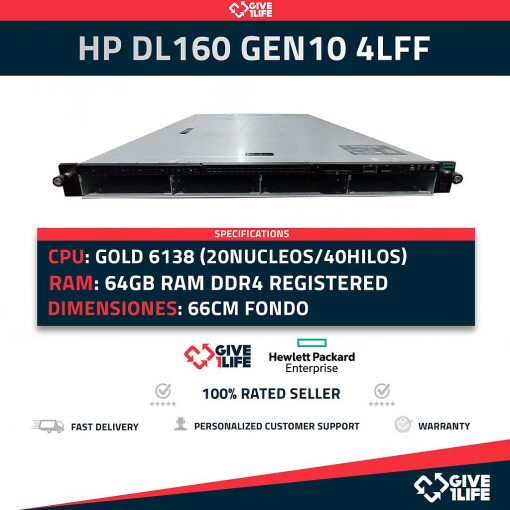 HPE Proliant DL160 Gen10 4LFF Gold 6138 20 Núcleos 40 Hilos 64GB RAM 2 PSU
ENVIO RAPIDO, FACTURA, VENDEDOR PROFESIONAL