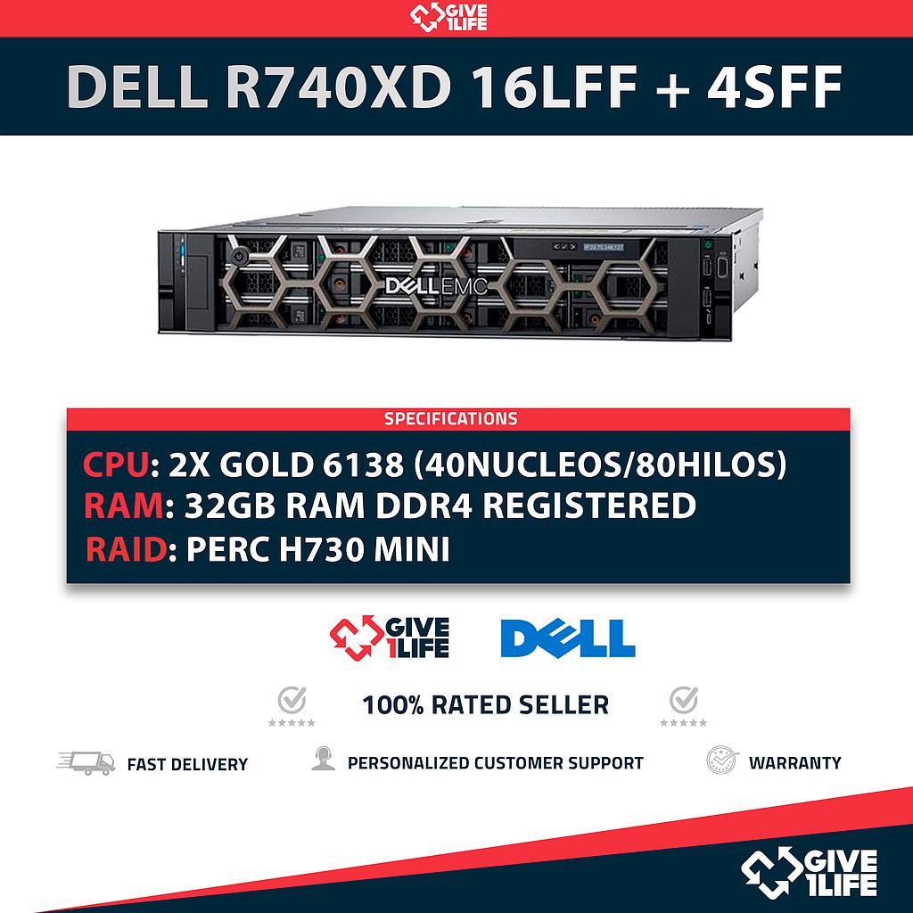 Dell PowerEdge R740XD 16LFF + 4SFF 2x Xeon Gold 6138 40 Núcleos 80 Hilos 32GB RAM PERC H730P Mini + 2 PSU