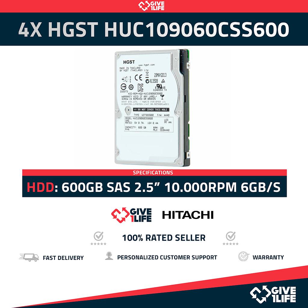 4 PCS LOT HITACHI HUC109060CSS600 600GB HDD 2.5" SAS-2 6GB/S 10K 64MB