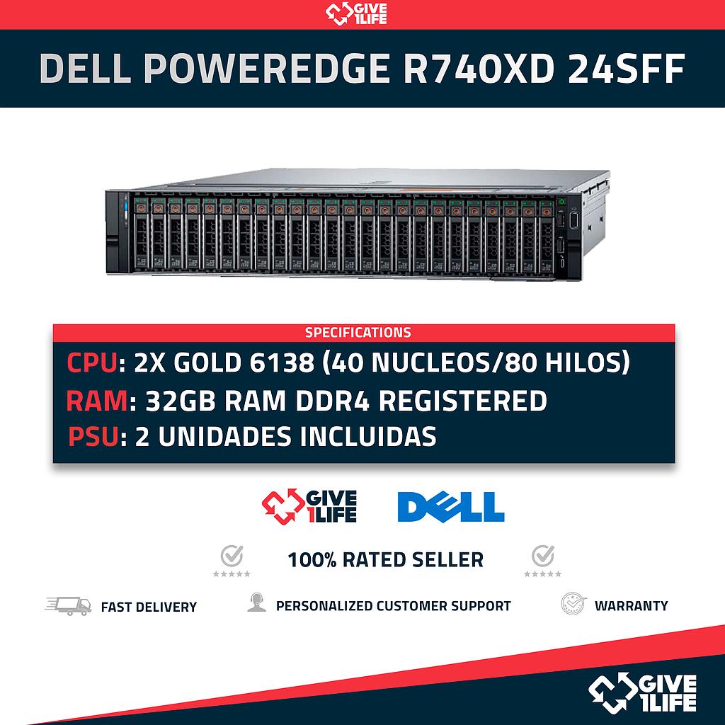 Servidor Rack DELL PowerEdge R740XD 24SFF + 2SFF 2x Gold 6138 + 32GB DDR4 + H740P PCI + HBA 330 MINI + HBA 330 PCI + 2 PSU