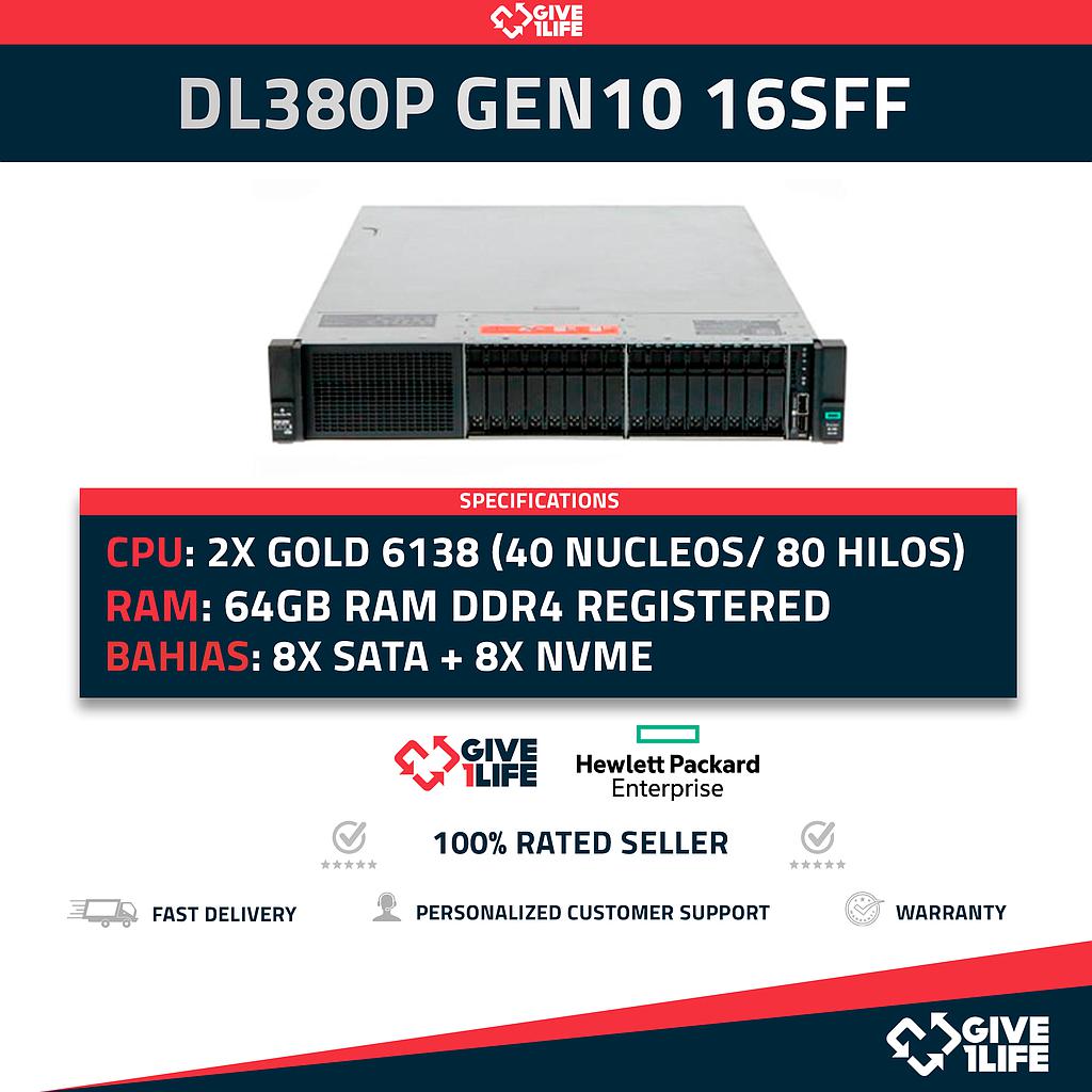 HP Proliant DL380 Gen10 16SFF (8X NVME) 2x Gold 6138 (40 Núcleos 80 Hilos) 64GB RAM S100i 2 PSU