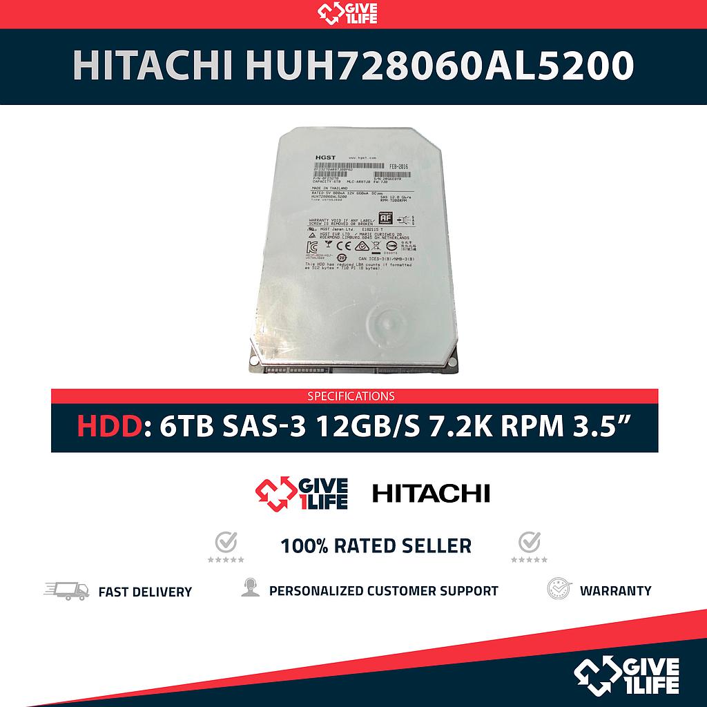 HITACHI HUH728060AL5200 6TB HDD 3.5" SAS-3 12GB/S 7.2K RPM CACHE 128MB