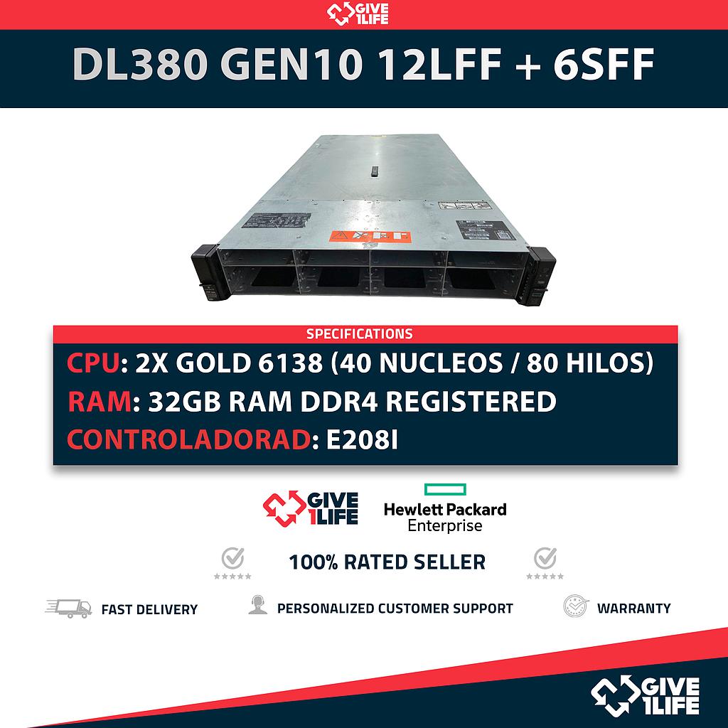 HP Proliant DL380 Gen10 12LFF + 6SFF 2x Gold 6138 (40 Núcleos 80 Hilos) 32GB RAM DDR4 E208i 2x PSU