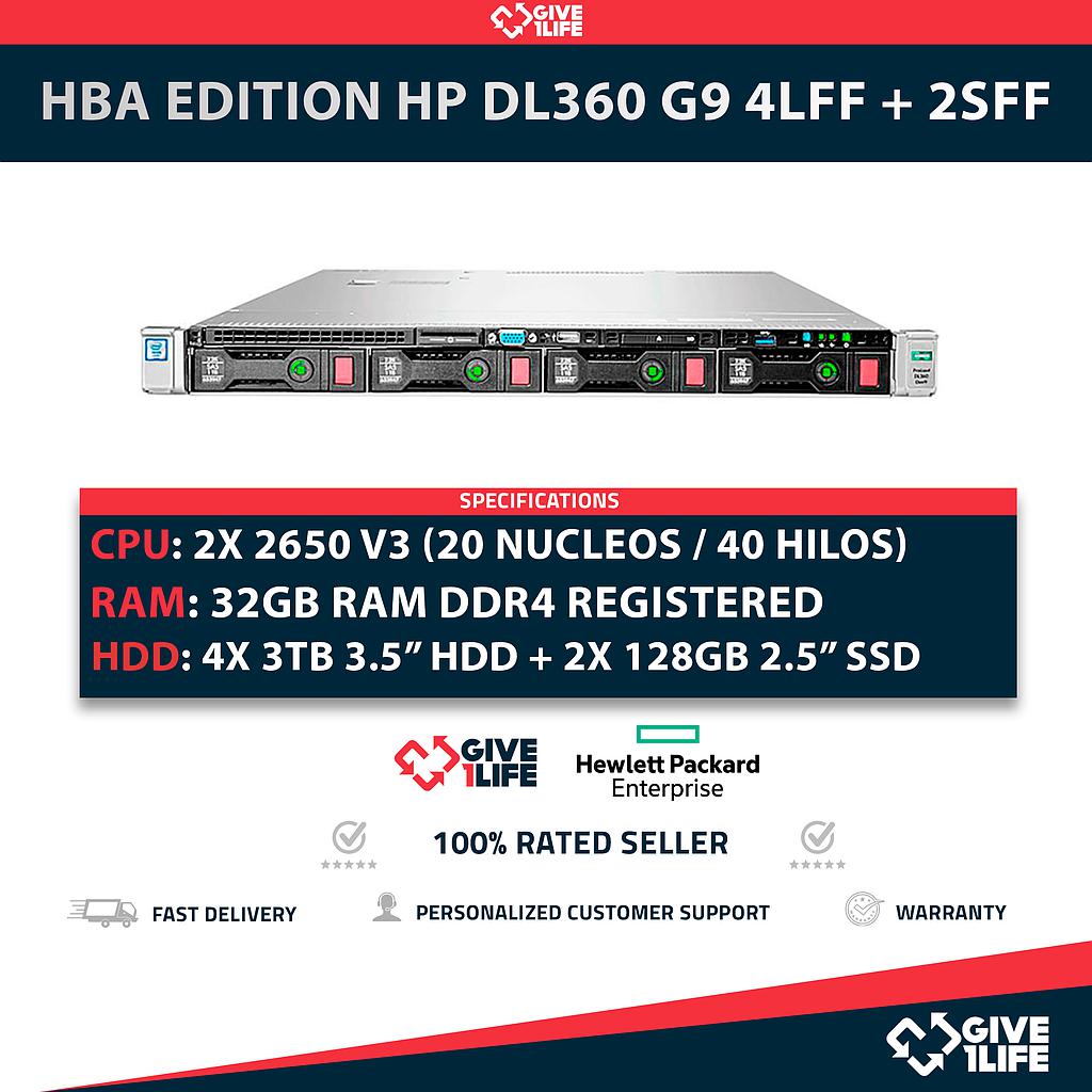 HBA EDITION HP DL360 G9 4LFF + 2SFF 2x E5-2650 V3 + 32GB RAM + H240AR + 530FLR + 2 PSU + 12TB HDD + 2 SSD