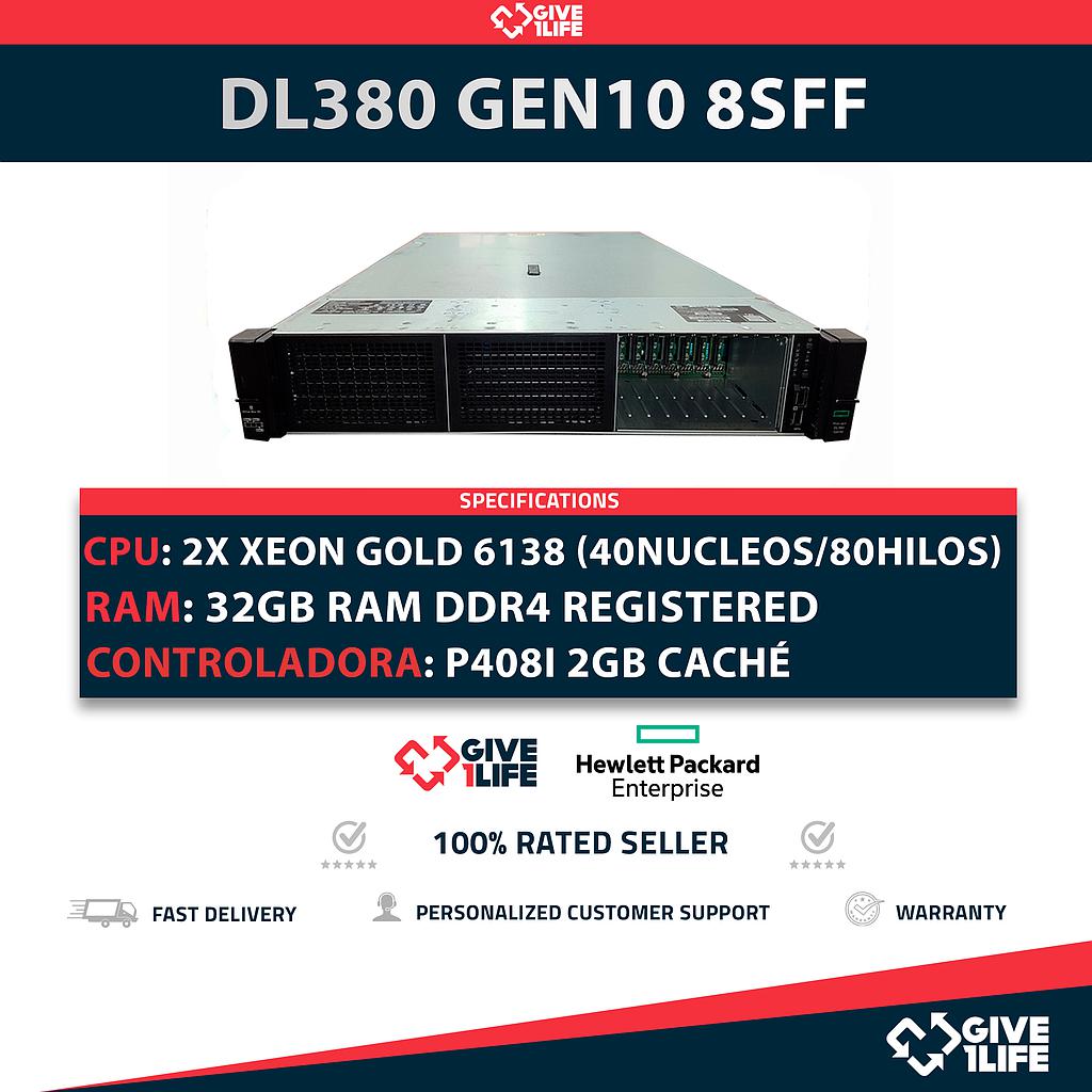 HP Proliant DL380 Gen10 8SFF 2x Gold 6138 (40 Núcleos 80 Hilos) 32GB RAM P408i-a SR 331 FLR 2 PSU