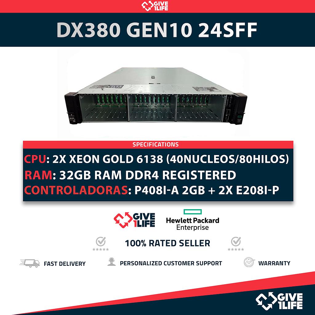 HP Proliant DX380 Gen10 24SFF 2x Gold 6138 (40 Núcleos 80 Hilos) 32GB RAM P408i-a SR 2 E208i-p SR 2 PSU 800W