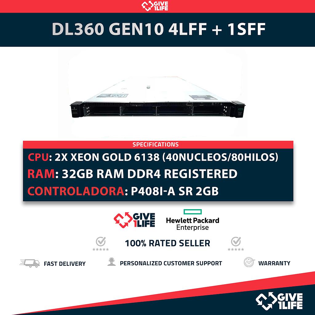 HP Proliant DL360 Gen10 4LFF + 1SFF 2x Gold 6138 (40 Núcleos/ 80 Hilos) 32GB ECC DDR4 P408i-a SR/2GB 331FLR 2x PSU