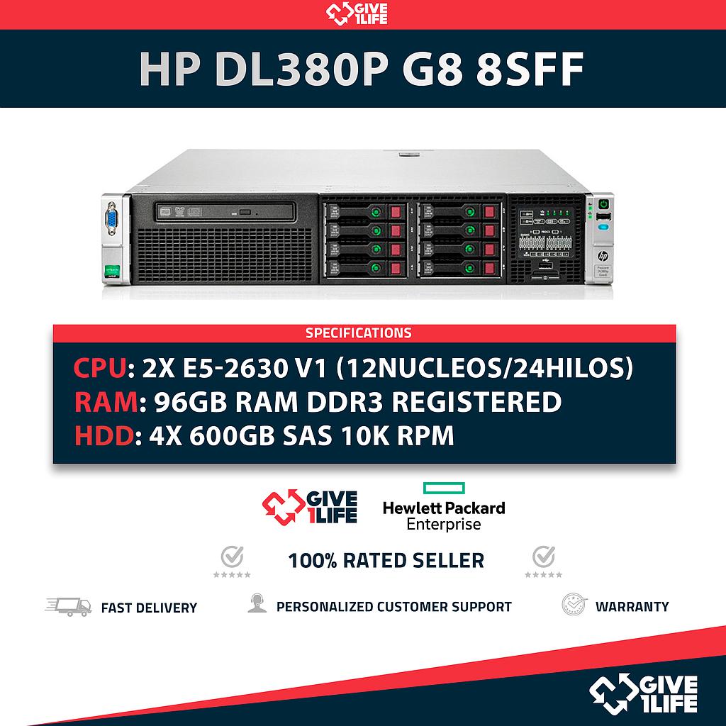 Servidor Rack HP DL380P G8 8SFF 2x E5-2630 V1 + 96GB RAM +P420 + 2 PSU + 4x 600GB