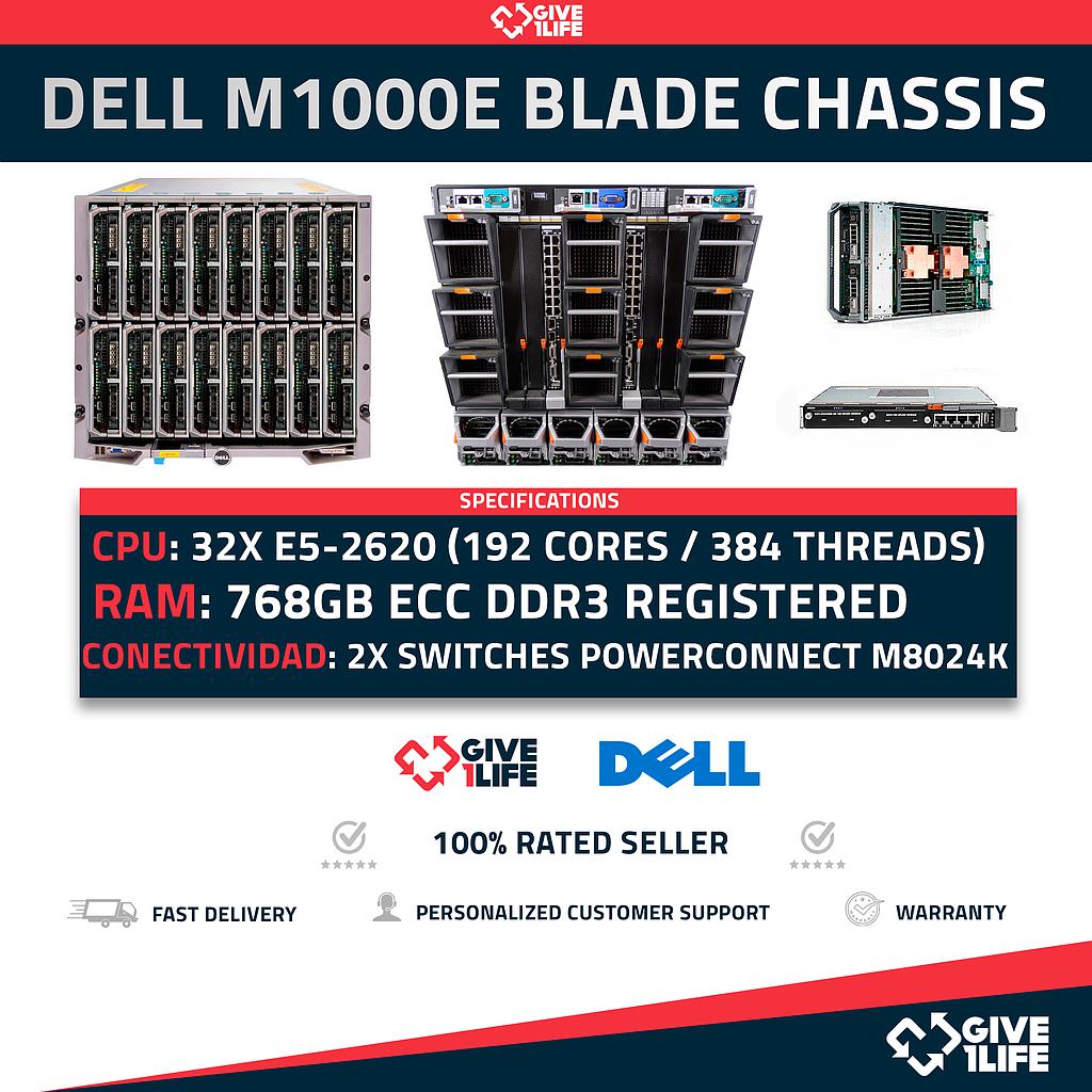 DELL M1000e Blade + 16 x M620 768GB RAM 192CO/384TH + 2X M6220