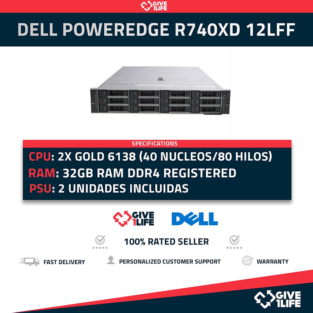Servidor Rack DELL PowerEdge R740XD 12LFF 2x Gold 6138 + 32GB DDR4+ H730