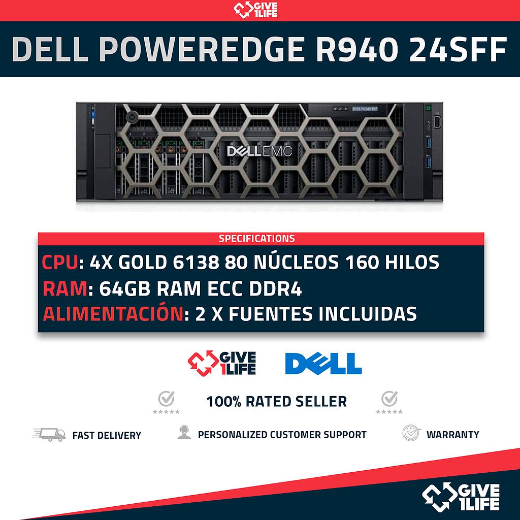 Dell PowerEdge R940 24SFF 4x Xeon Gold 6138 80 Núcleos 160 Hilos 64GB RAM 2 Fuentes Incluidas