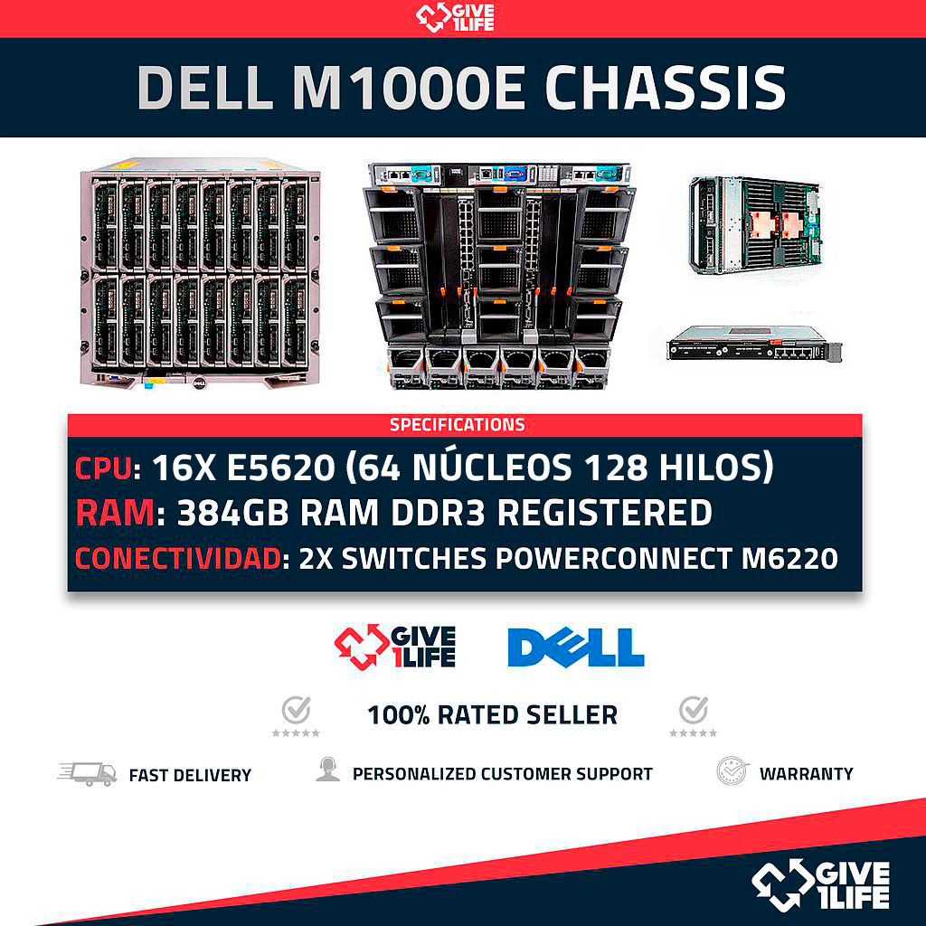 DELL M1000e Blade + 16 x M610 384GB RAM 64CO/128TH + 2X M6220