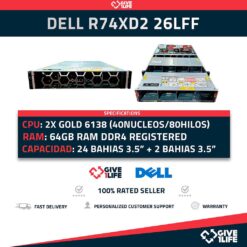 Dell PowerEdge R740XD2 26LFF 2x Gold 6138 40 Núcleos 80 Hilos 3.70GHz Turbo 64GB RAM 2 PSU