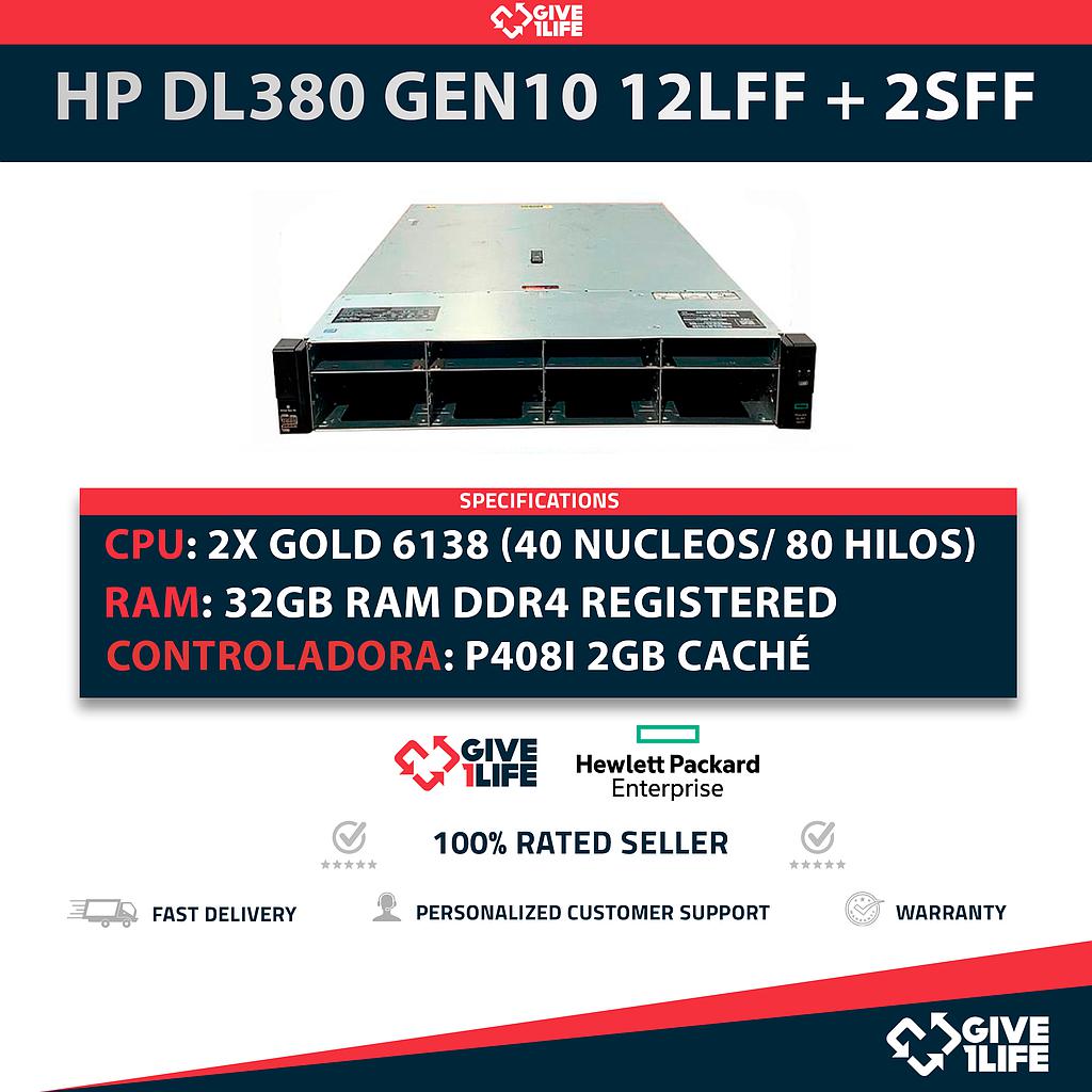 HP Proliant DL380 Gen10 12LFF + 2SFF 2x Gold 6138 (40 Núcleos 80 Hilos) 32GB RAM P408i 2x PSU